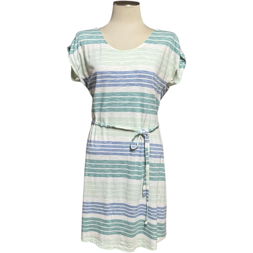 CariLoha Organic Cotton Mini Dress Tie Waist Blue Green Stripe Medium